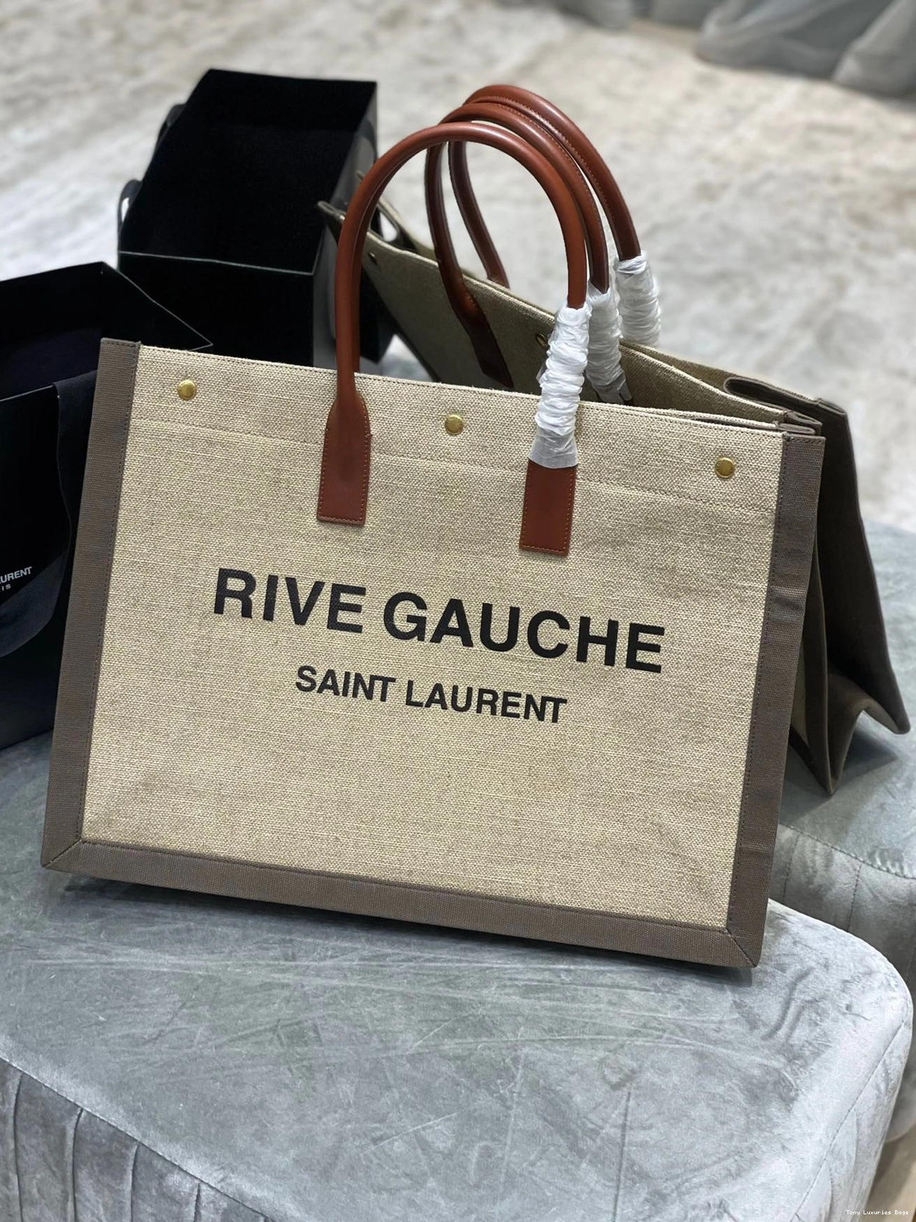 Tony Luxuries AND TOTE YSL RIVE LINEN BAG IN LEATHER GAUCHE 0812